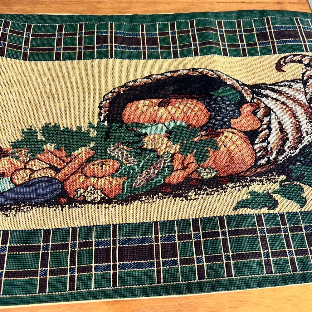 Harvest Cornucopia Woven Tapestry Table Runner Plaid Tassel Fringe 71x13